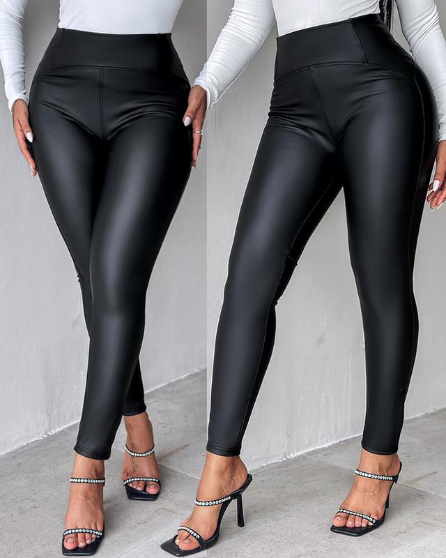 ChicMe Women's PU Leather Leggings High Waist Curved Fleece Lined Tights Casual Pants Womenswear Bottom Womenswear Bottom  Skinny